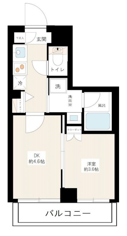 AZESTアゼスト矢口渡の間取り|間取り 東向きバルコニーの1DKバストイレ別独立洗面台！テレワークや食事スペースを分けたい方に！大きさによりますがソファーも置けるかと思います。
