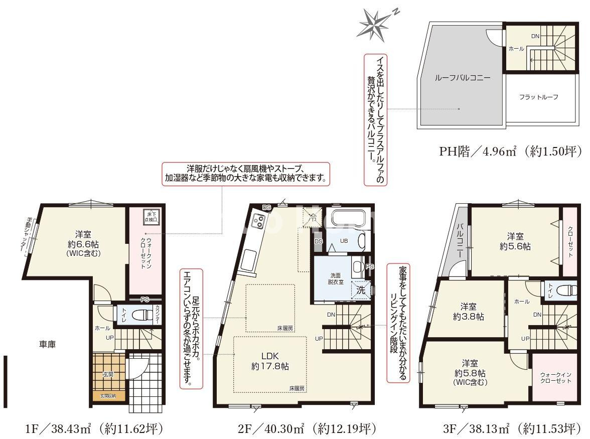 江戸川区平井3丁目新築分譲住宅の間取り|【間取り図】南東×南西・角地につきまして日当たり・通風良好。4LDK＋ウォークインクローゼット×2＋ルーフバルコニー＋カースペース。