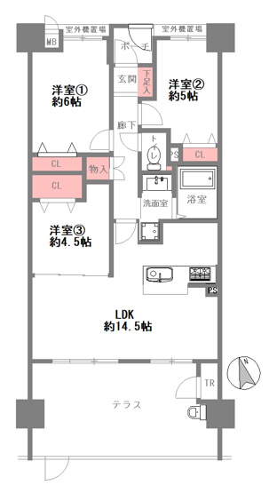 【間取り】 | クレアシティ阿倍野 | 【テラス付き☆全洋室3LDK】室内水廻り設備一新！全面リフォーム済み☆安心の新調設備保証付き☆床暖房・食洗機・バス追炊機能・浴室乾燥機完備☆レースカーテン付きです☆