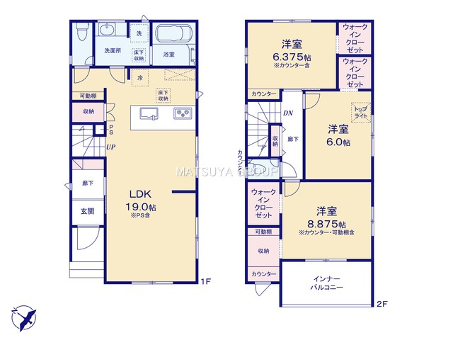 ブルーミングガーデン岡崎市上地5丁目－2号棟の間取り|【2号棟】土地面積：107.43㎡/建物面積：104.95㎡