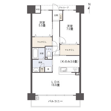 アルファスマート新居浜駅Ⅱの間取り|2箇所のマルチCLや独立性の高い洋室を備えた2LDKで、快適な生活動線が魅力的な間取りです。
