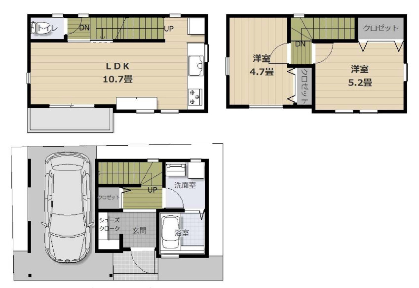 和光市白子3丁目　ZEH水準×省エネ　コンパクト邸宅　の間取り|2LDK+SIC+ビルトイン車庫　敷地面積 37.91ｍ2　建物面積 65.22ｍ2(車庫部分 8.07ｍ2含む)