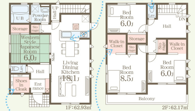 【間取り】 | 高崎市吉井町馬庭　新築住宅 | 広々18.1帖のLDKに6帖和洋室が隣接し、S.I.CやStorageも備えた1階。2階には2つのW.I.C付き8.5帖主寝室、2洋室、広々バルコニーを配置した収納力に優れた4LDKです。