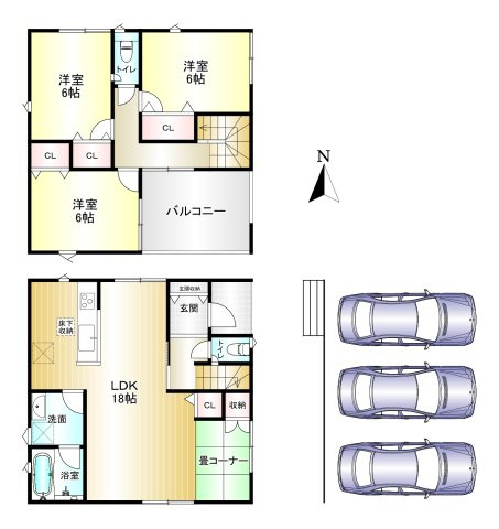 北葛飾郡広陵町三吉　第9期　の間取り|4LDK　土地面積：177.37ｍ2　建物面積：101.25ｍ2　駐車スペース3台