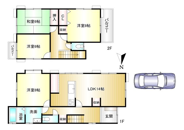 葛城市葛木１期の間取り|4LDK　土地面積：161.98ｍ2　建物面積：110.96ｍ2　駐車２台可