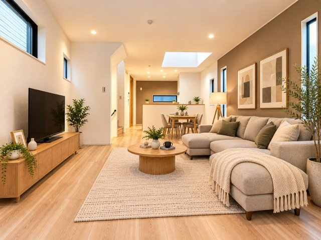 中区英町新築戸建の居間・リビング|家族が自然と集まる中心空間として、快適性とデザイン性を両立した魅力的なリビングです。※室内写真にCG合成で家具を配置したバーチャルステージングイメージ画像です。家具付きでの販売ではありません。