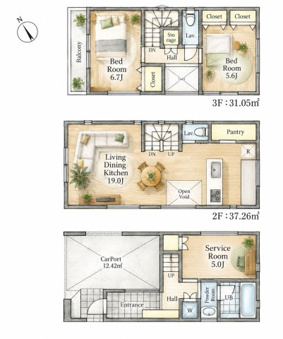 中区英町新築戸建の間取り|2SLDK、価格6480万円、延床面積105.57m2 【LDK　19.0帖】 【洋室  6.7帖、洋室5.6帖】【サービスルーム　5.0帖】