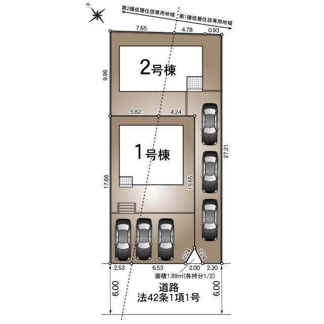 クレイドルガーデン周南市城ケ丘第6の間取り|【区画図】、敷地手前に車3台分の駐車スペースが確保されています。前面道路は幅員6.0mあり、車の出入りもしやすい区画構成です。