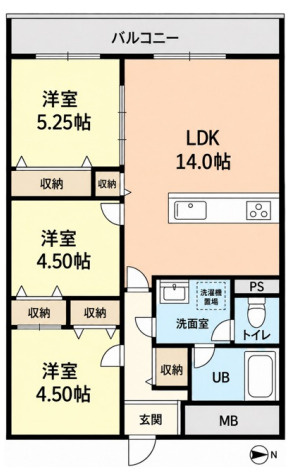 ユニライフ福島C棟の間取り|専有面積：66.51㎡・３LDK・ベランダ東向き（面積：8.82㎡）