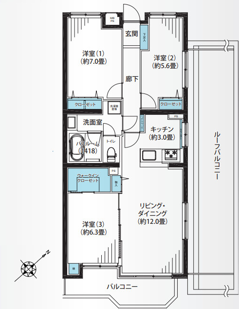 ヒルズ上大岡ガーデニアの間取り|見晴らしの良い63㎡のルーフバルコニーが魅力的！2面をバルコニーに面したLDKは開放感◎