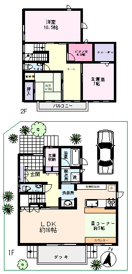 守谷市松並青葉４丁目の一戸建ての間取り|約16帖のLDKとデッキが魅力の3SLDK