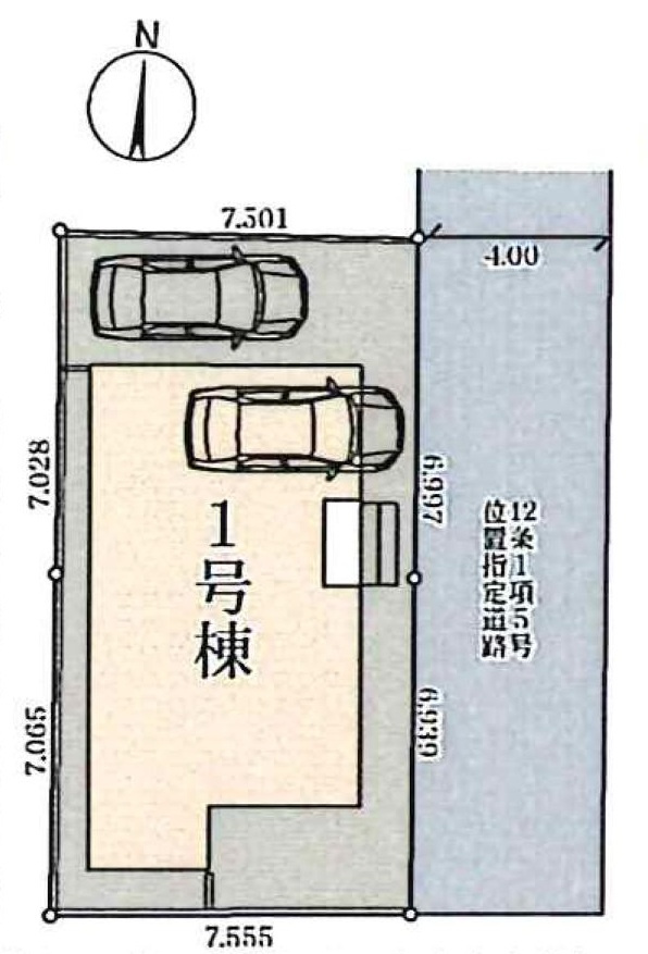 三郷市栄1丁目　新築戸建　全1棟の区画図|車庫1台＋カースペース1台！計2台駐車可能なゆとりの住まい