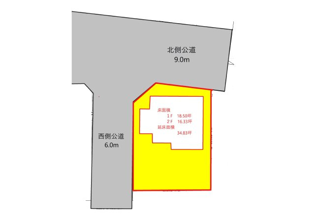高崎市下之城町　中古一戸建ての区画図|区画図　西側公道6.0ｍ　北側公道9.0ｍ