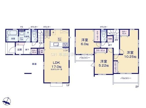 草加市弁天2丁目 新築分譲住宅 の間取り|建物面積106.69㎡　
リビング全体を見渡せる対面式のため、家事をしながらでも家族とのコミュニケーションが取りやすい設計です。また、キッチンの横には便利な収納スペースも備わっています。