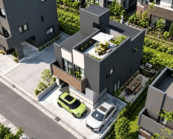 草加市長栄新築戸建て◆12.5帖のスカイバルコニーの外観パース|スカイバルコニーのある家　完成イメージパースです。