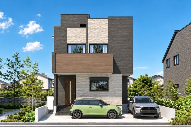 草加市長栄新築戸建て◆12.5帖のスカイバルコニーの外観パース|駐車2台可　完成イメージパースです。