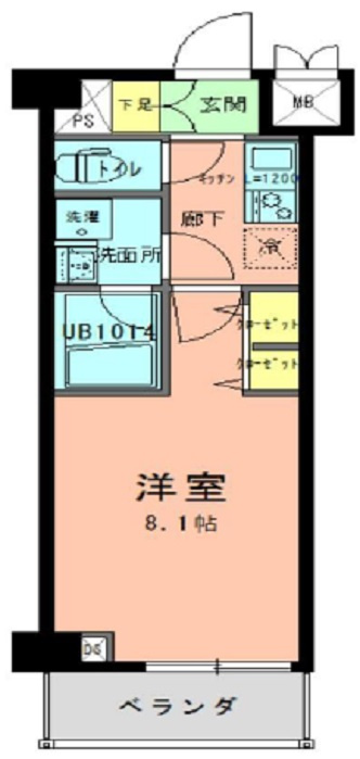ラフィネジュ大森の間取り|西向きバルコニーの1K洋室8.1帖バストイレ別独理知洗面台！