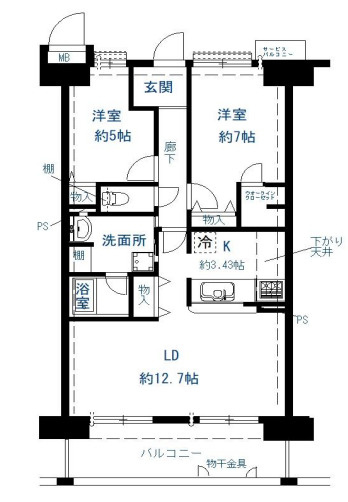 ルネコンフォートアベニューの間取り|専有面積：63.72㎡・2LDK・ベランダ南向き