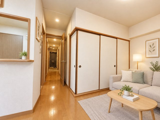 ディオ・フェルティ住吉・公園通の居間・リビング|木目のフローリングが温かみを感じさせるリビング♪※本画像はCGで作成しており、実際に現地に家具は置かれておりません。また価格に家具は含まれておりません。