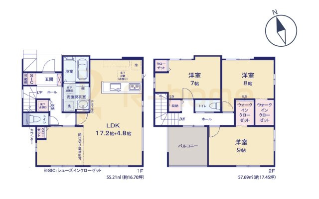 龍ケ崎市長山7期　新築戸建て　1号棟の間取り|3LDK＋WIC＋SIC、土地面積182.71m2、建物面積112.90m2