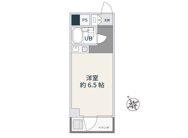 【間取り】 | GSプラザ桜木町駅前　(志木本店) | 約6.5帖の洋室を備えたシンプルな間取り。玄関から居室までの動線がコンパクトにまとまり、限られた空間を有効活用できます。駅徒歩1分の立地を活かし、居住用としてはもちろん、事務所利用にもおすすめです。