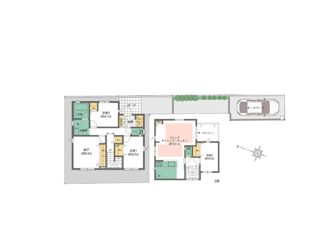 【間取り】 | 鶴川新築戸建 | 3つの居室とLDKに納戸（サービスルーム）を加えた3SLDKの新築戸建。季節物や大きな荷物もすっきり収まります。大きな窓から光が差し込む開放的なリビングは、家族が自然と集まる場所になります。