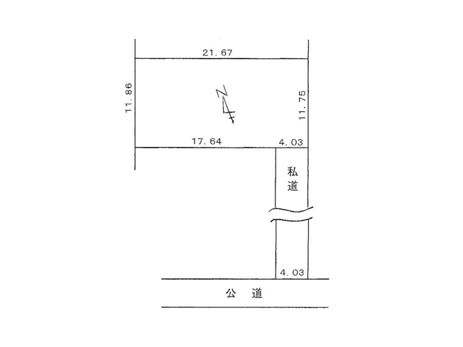 【土地図】 | ひばりが丘売地 | 図面の数字は各辺の長さ（m）、太線は道路に接する部分です。間口と奥行き、接道方向から建物の配置や駐車計画の目安がつかめます。高低差は現地でご案内します。※図面と現況が異なる場合は現況優先。