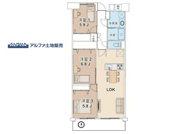 東大和グリーンタウンの間取り|【Functional Layout】◆南向きの3LDK◆専有面積66.38平米。約6.8帖・約5.9帖・約5.8帖の洋室を配置し、全洋室に収納スペースを備えた間取りです。