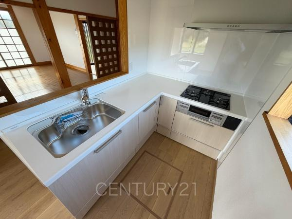 前橋市上泉町中古一戸建てのキッチン|シンクも大きく洗い物もしやすい浄水器付。シャワーヘッドは引き出し可能、シンクの隅々まで洗い流せます。