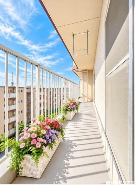 藤阪パークハイツ　１号棟　中古 マンションのバルコニー|青空を身近に感じられる、奥行きのある開放的なバルコニー。陽光がたっぷり降り注ぐ明るい空間は、お洗濯はもちろん、季節の花々を飾るガーデニングにもぴったり。毎日の暮らしに彩りと心地よさを添えます。