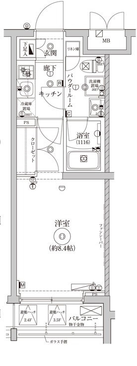 レアライズ羽田の間取り|西向きバルコニーの1K洋室8.4帖バストイレ別独立洗面台