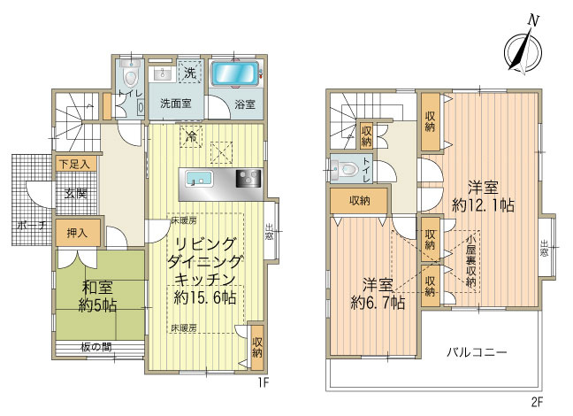 収納豊富な間取りです　2階の約12帖の洋室は2部屋に分けて４LDKとしても利用可能です。