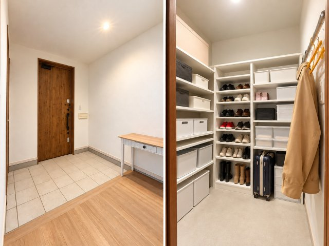 花川南2条4丁目　一戸建ての玄関|大容量ウォークインシューズクローゼットあり
※写真は一部バーチャル加工で家具を消しています。