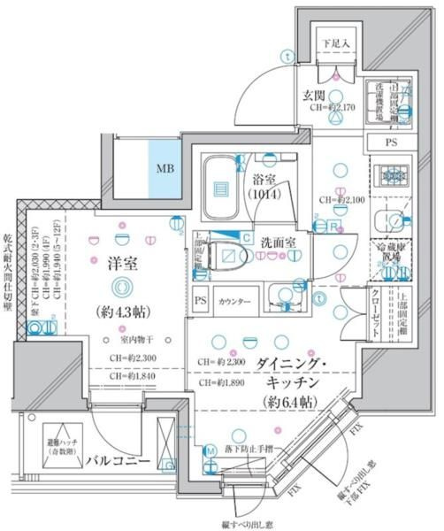 ディアレイシャス蒲田Ⅱの間取り|東向きバルコニーの1DKバストイレ別独立洗面台付！