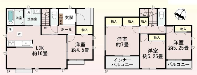 新築　前橋市朝日町1丁目1番 Heartful　Town　A号棟の間取り|建物面積94.40㎡　全居室南向き♪各部屋収納付きで便利です！インナーバルコニーなので急な雨でもお洗濯物も安心です。