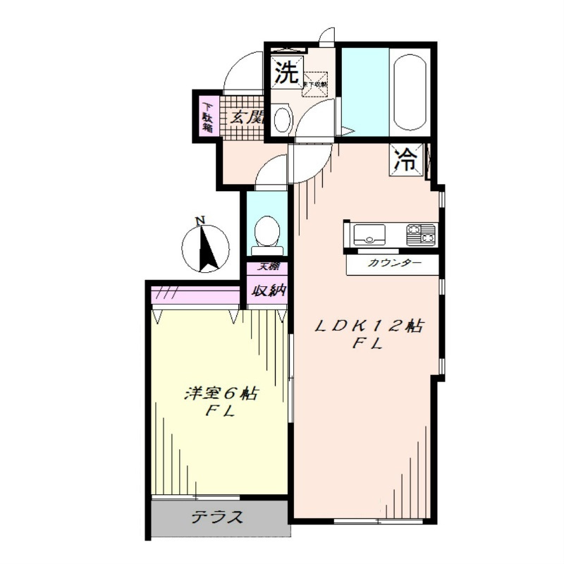 シュタールヒュッテA棟の間取り|南向きテラス！カウンターキッチンの1LDKエアコン2基！