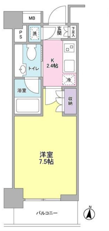 プレディアスタイル池上南WESTの間取り|南向きバルコニーの1K洋室7.5帖バストイレ別独立洗面台