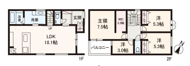 【間取り】 | madre court大阪狭山市大野台　1号地 | 設備・収納充実の4LDK！家事がはかどる快適な水廻り動線を確保！カースペース並列2台分有(車種による)。