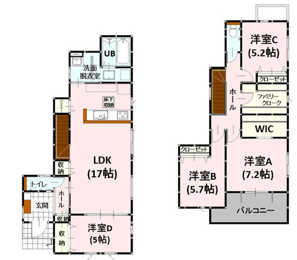 熊本市中央区島崎1丁目2期　2号棟の間取り|1階に17帖の広々としたLDK。2階に家族のマイルームを持てる4SLDKの間取りです