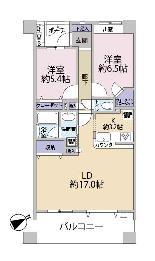 バルコニー側に開口部が広い2LDKタイプ