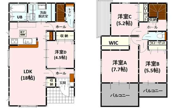 熊本市中央区島崎1丁目2期　1号棟の間取り|1階に18帖の広々としたLDK。2階に家族のマイルームを持てる4LDKの間取りです