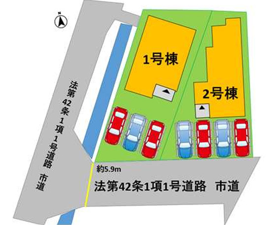 熊本市中央区島崎1丁目2期　1号棟の区画図|普通車が3台駐車することが可能です