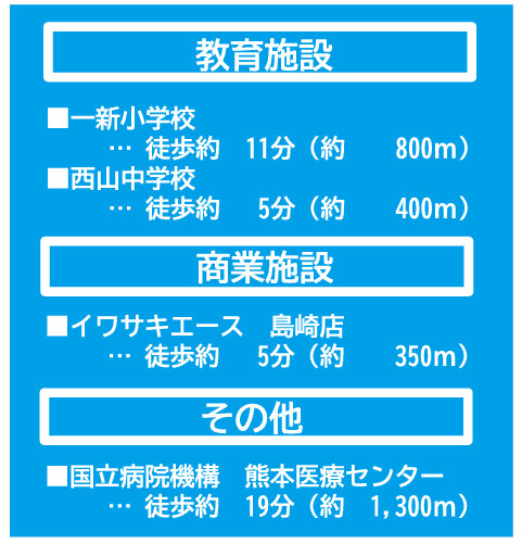 熊本市中央区島崎1丁目2期　1号棟の周辺|・一新小学校まで徒歩11分（800ｍ）
・西山中学校まで徒歩5分（400ｍ）