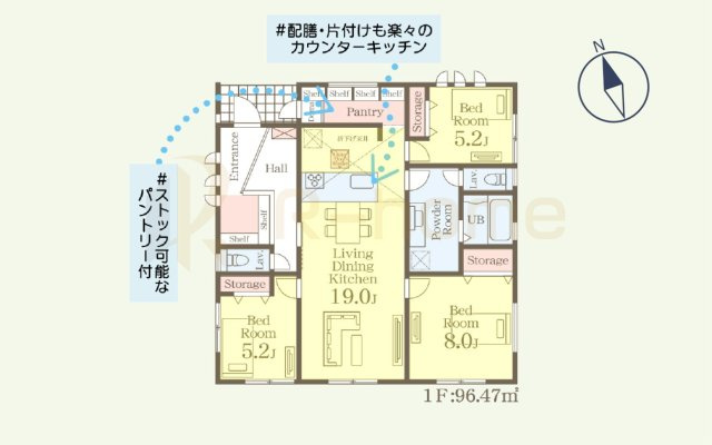 石岡市石岡4期　新築戸建て　2号棟の間取り|3LDK＋パントリー、土地面積285.15ｍ2、建物面積96.47m2
