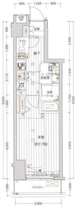 ヴァレッシア蒲田シティの間取り|間取り　西向きバルコニーの1K洋室7.7帖バストイレ別独立洗面台