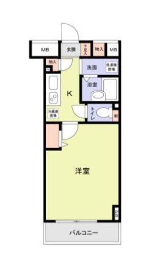 プレステージ桜坂の間取り|南西向きバルコニーの広々洋室9帖の1Kバストイレ別