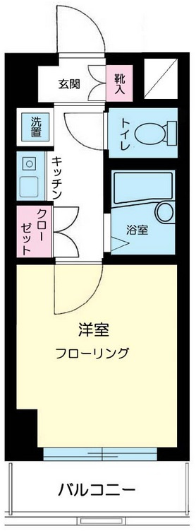 ヴェルステージ大森西の間取り|西向きバルコニーの1Kバストイレ別　