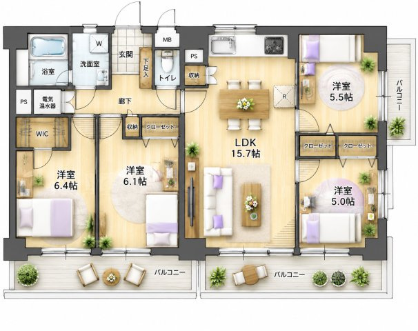 【間取り】 | グリーンコープ室見川☆仲介手数料無料☆ | ※本図に表示されている家具・家電・照明・インテリア・観葉植物等は、AIによる配置イメージです。実際には設置されておらず、売買対象にも含まれません。図面と現況が相違する場合は、現況を優先いたします。