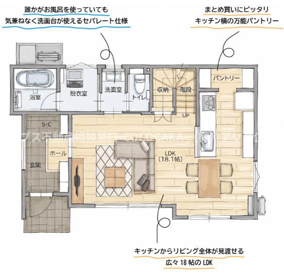 甲府市小瀬町の新築一戸建の独立洗面台|1F平面図