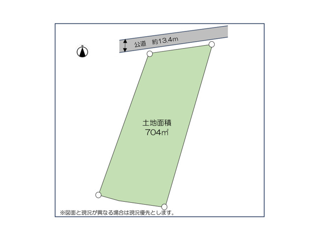 【土地図】 | 太井売地 | 図面の数字は各辺の長さ（m）、太線は道路に接する部分です。間口と奥行き、接道方向から建物の配置や駐車計画の目安がつかめます。高低差は現地でご案内します。※図面と現況が異なる場合は現況優先。